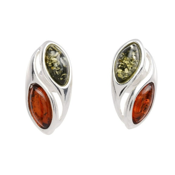 Genuine Baltic Green & Honey Amber Stud Earrings in 925 Sterling Silver – Dual Oval Post Earrings for Women