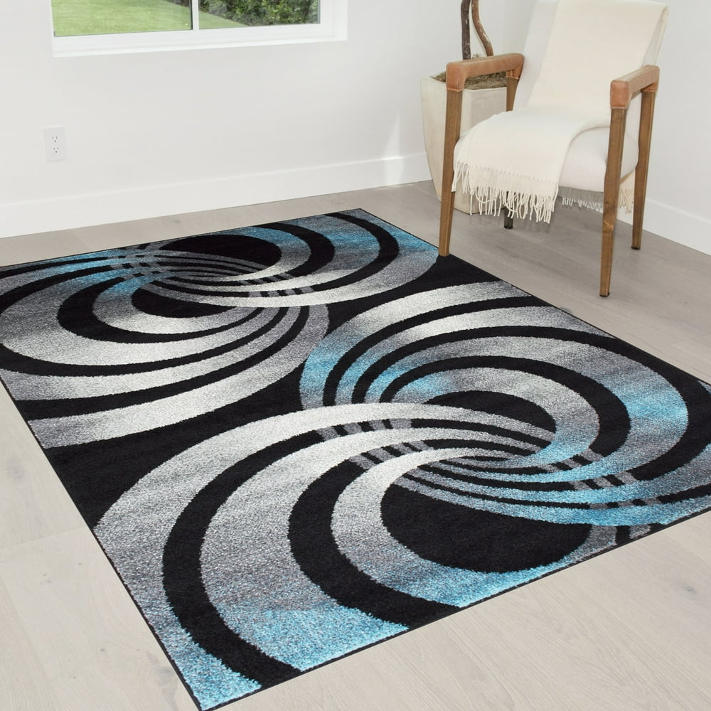 Blue/White/Black Faded, Allover Distressed Area Rug Swirls Sync