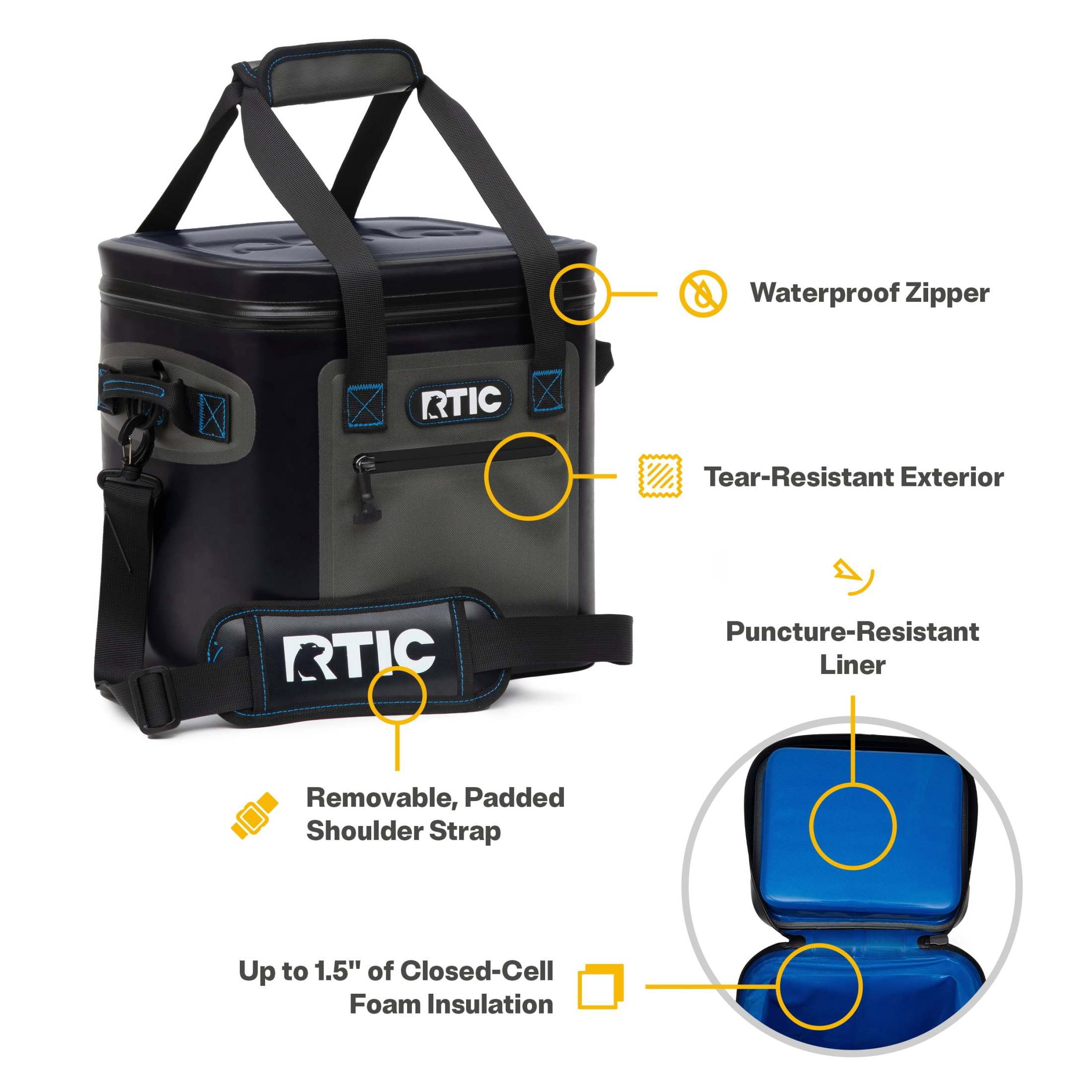 RTIC 12 Can Ultra-Tough Soft Cooler, 10 Qt, Leakproof, Waterproof Zipper, Blue & Grey, Soft Pack Cooler