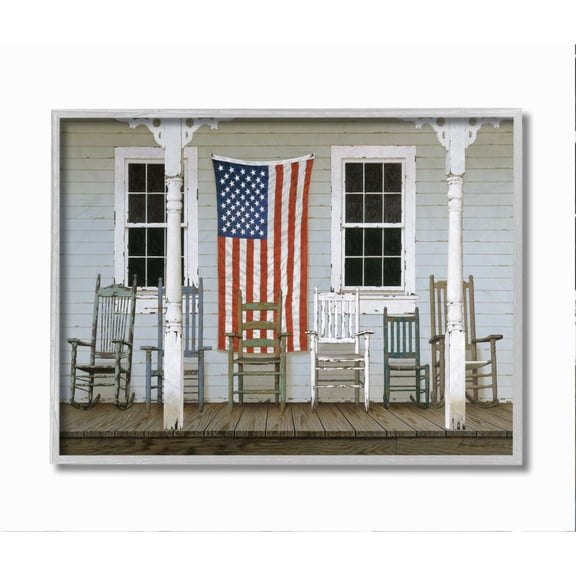 Stupell Industries Distressed Rocking Chair Porch Americana Realistic Painting Framed Wall Art Design by Zhen-Huan Lu, 16" x 20", Gray Framed