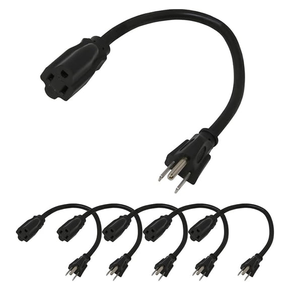 1ft Power Extension Cord, 6-Pack, 14AWG SJTW Short Extension Cord, 15A 125V 1875W, 3 Prong Power Cord, NEMA 5-15P to NEMA 5-15R, Black, UL Listed
