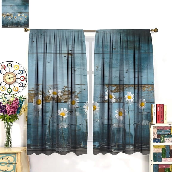 Rustic Kitchen Curtains Vintage Blue Wooden Board Daisy Flower Bottle Farmhouse Bedroom Living Room Blackout Rod Pocket Decoration Window Drapes 2 Panels W42xL63in W42xL54in