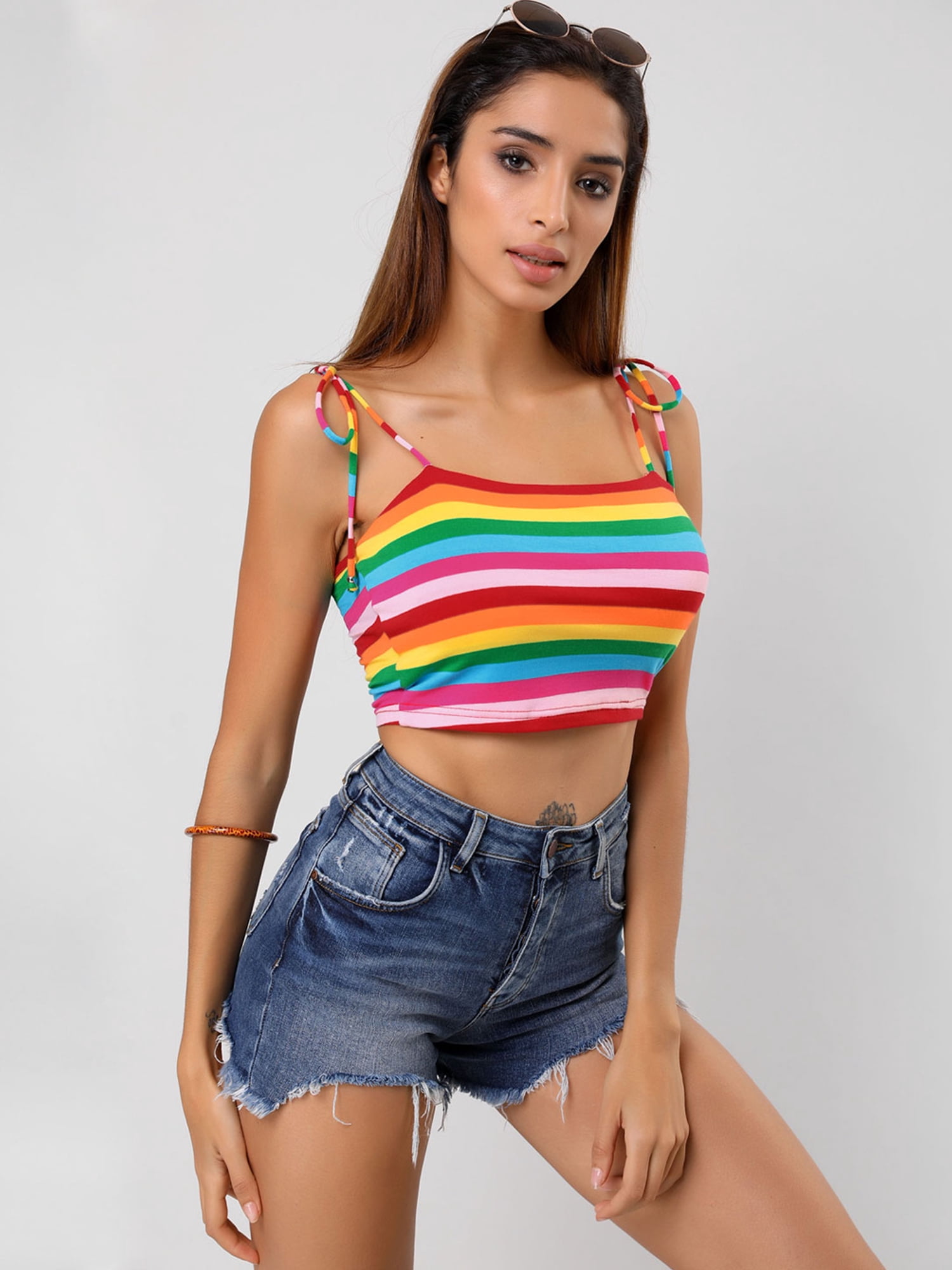 DARING DIVA Women's Rainbow Striped Tie Crop Top 3XL Pink