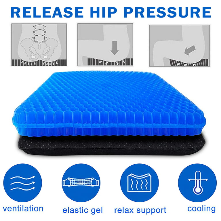 Gel Cooling Seat Cushion w/ 2.4 inch Extra Thick Honeycomb Pressure Absorbing, Breathable, Ergonomic,Non-Slip Bottom & Orthopedic Design for Comfort