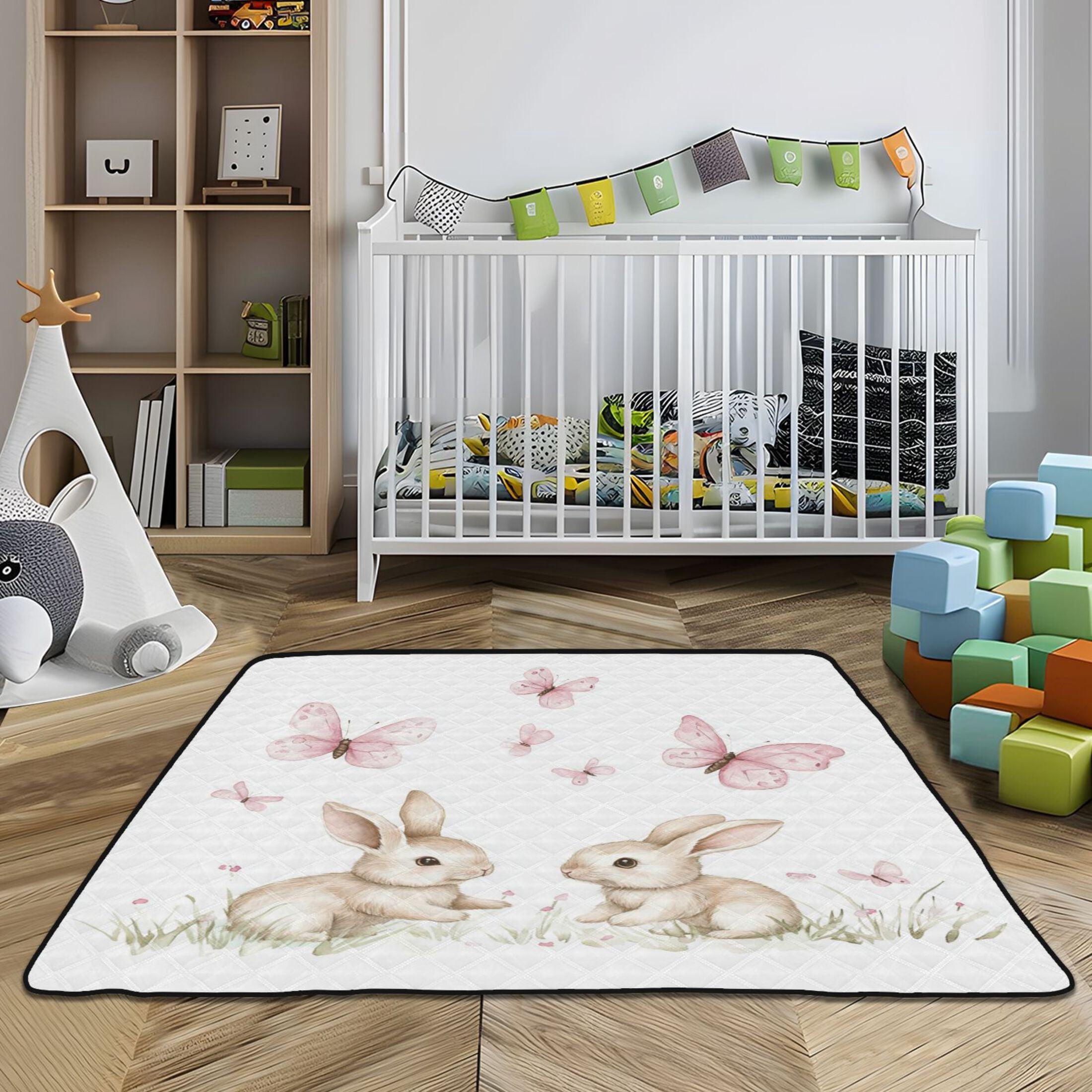 WOBOGO Rabbits Playing with Pink Butterflies Baby Playmats Extra Large Waterproof Rollable Activity Pads for Toddlers 50×50inch