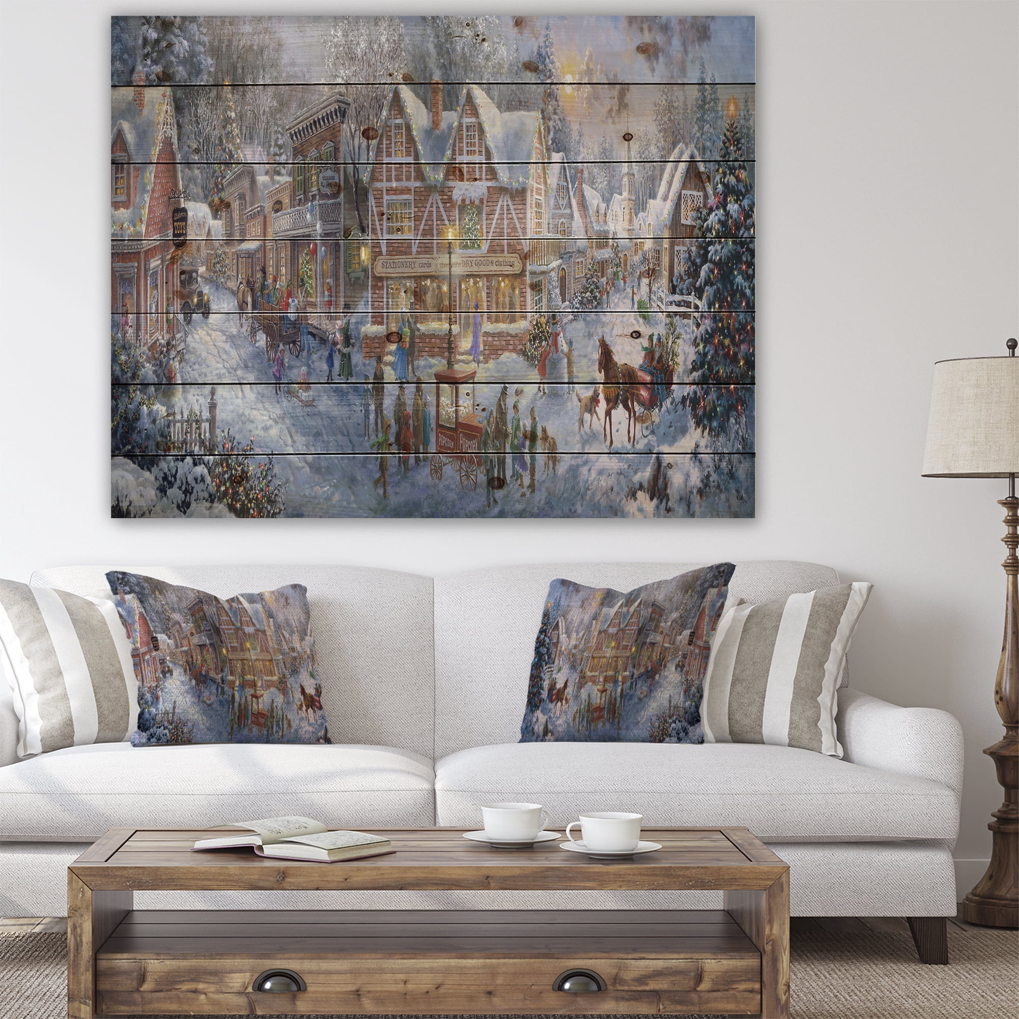 Designart 'Winter Christmas Shopping in snowy cottage with sleigh' Print on Natural Pine Wood