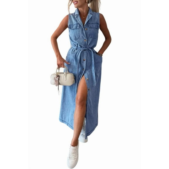 Womens Summer Casual Sleeveless Denim Shirt Dress Lapel Button Down Belted Jean Long Dresses Dark Blue L