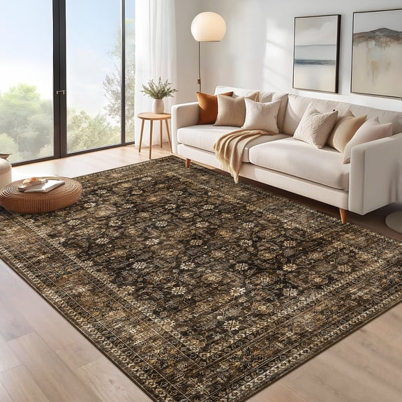 Hasoo Washable Rug 10' x 13' Rugs for Living Room Vintage Floral Farmhouse Indoor Non Slip Large Carpet for Bedroom, Brown