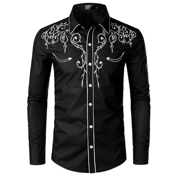 Mens Western Cowboy Shirt Embroidered Long Sleeve Button Down Spring Fall Shirts Casual Black L