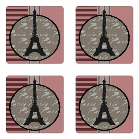 

Paris Coaster Set of 4 Vintage Style Design Eiffel Tower Silhouette on Stripes and Plain Background Square Hardboard Gloss Coasters Standard Size Rose and Sepia by Ambesonne