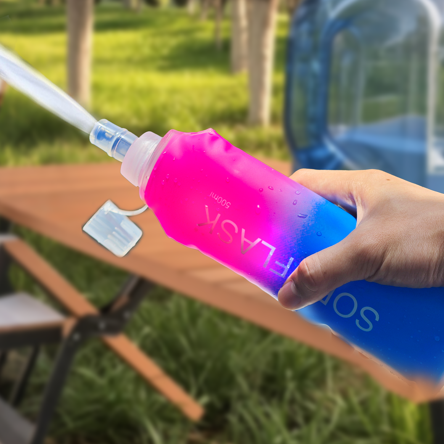 2- Pack Folding Soft Flask Portable Collapsible Running Lightweight Water Bottle for Outdoor Sports,Travel with Mouthpeice Cover - Ideal for Hiking Cycling Climbing (250ml/8.45oz, Pink Blue)