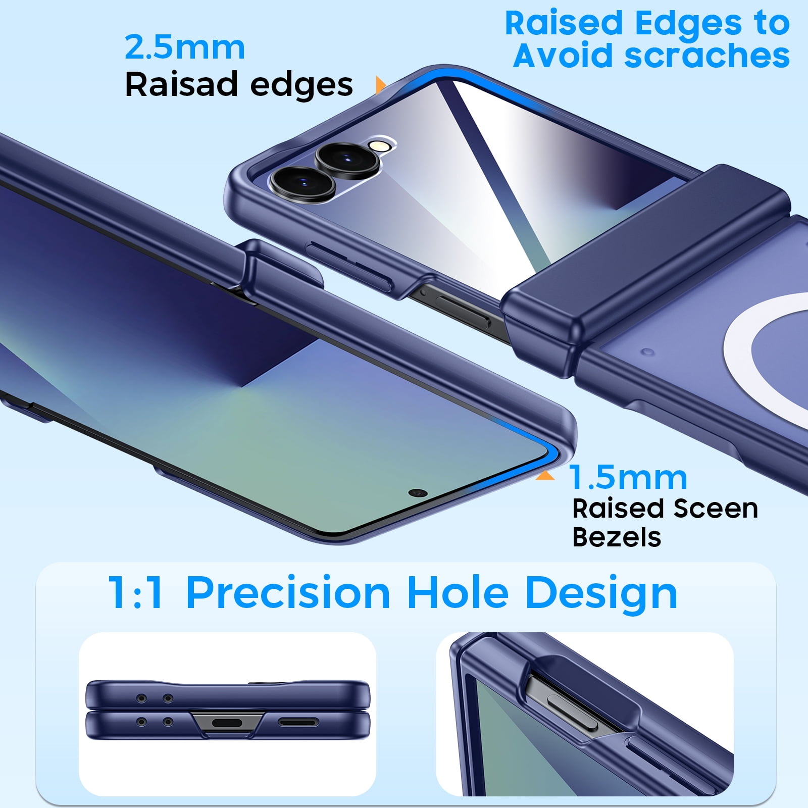 Vizvera for Samsung Galaxy Z Flip 7 Case,with Magnetic Power [Slim Design][Screen Protector][Hinge Protection] Translucent Matte Shockproof Protective Phone Case-Blue