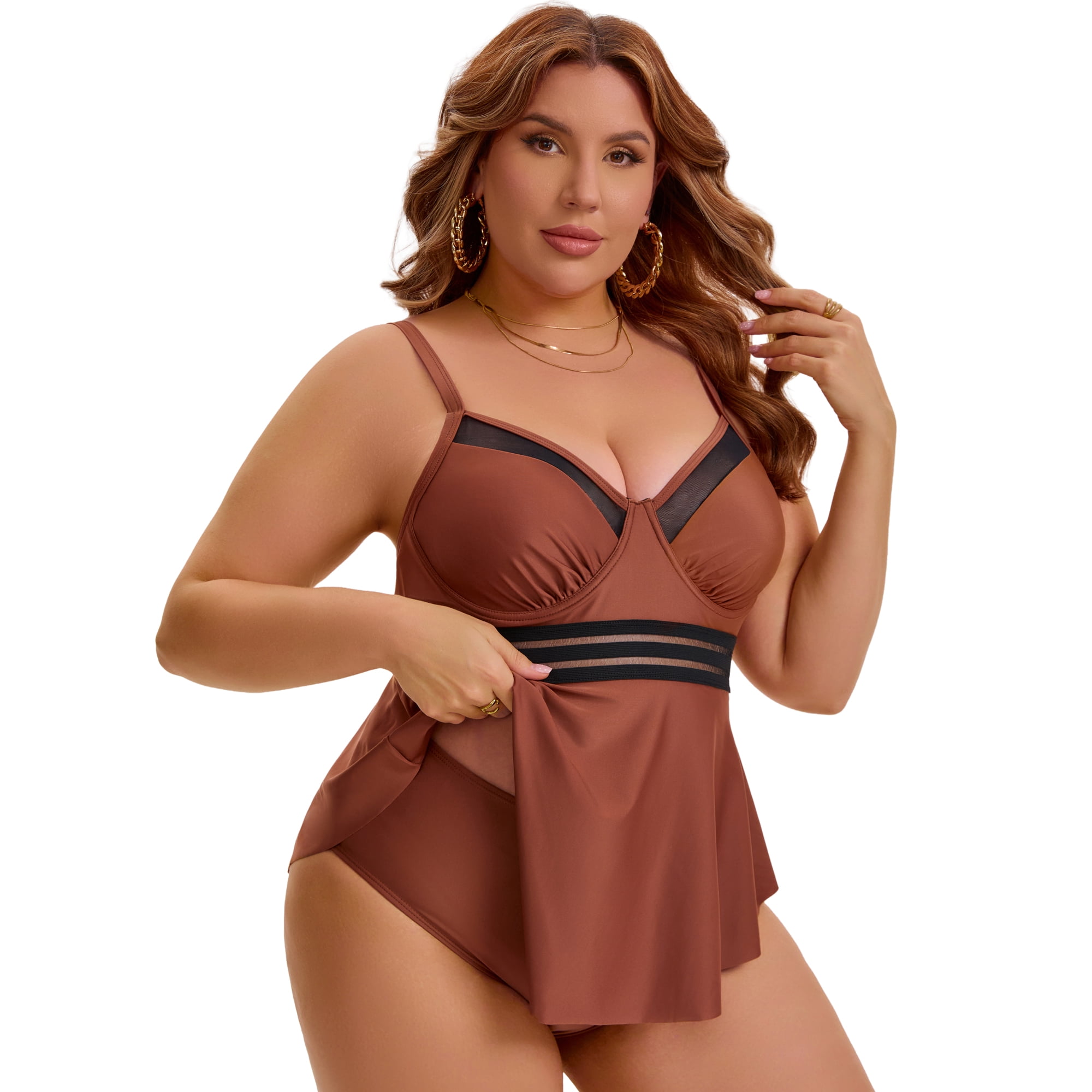 DARING DIVA Women's Plus 2pcs Swimsuit Tankini and Shorts Tummy Control L Coffee