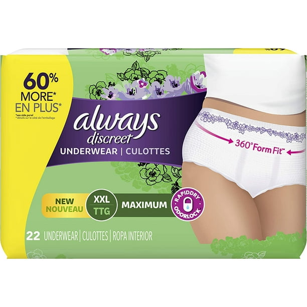 Always Discreet Incontinence & Postpartum Underwear for Women, Maximum  Protection, Size XXL, 22 Count 