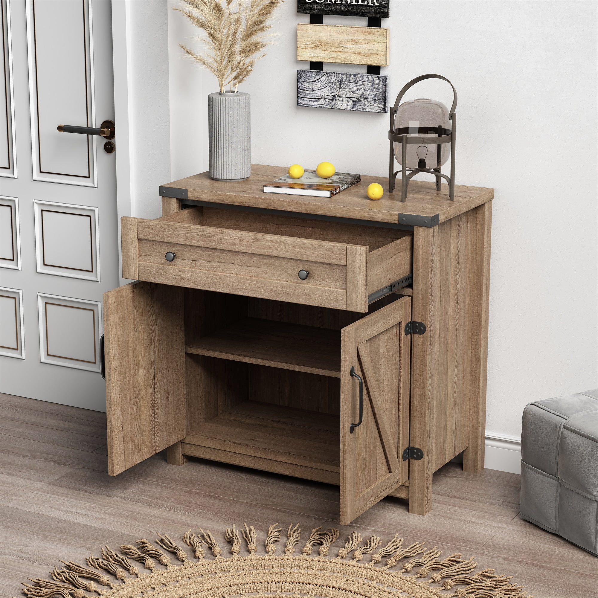 Kadyn 31.50" Modern Farmhouse Double Barn Door Accent Cabinet, Light Brown Sideboard for Living Room