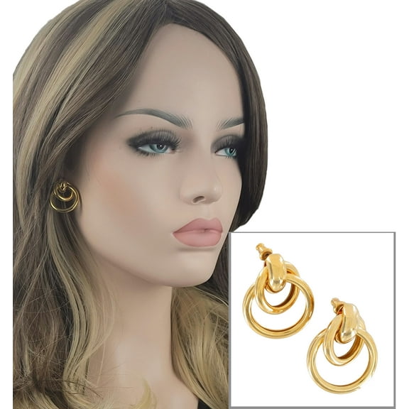 Pierced Earrings Gold Tone Interlocking Ring Door Knocker Lightweight 1 1/4" Ladies Adult Female Women
