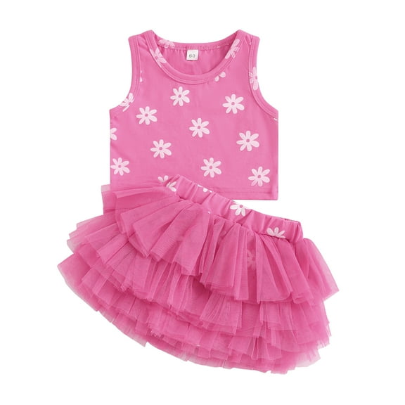 Musuos Baby Girl Fashion Summer Skirt Set 0-18M Flower Print Round Neck Tank Tops Layered Mesh Tulle Tutu Skirts 2Pcs Clothes Set