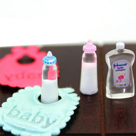 New 1:12 Dolls House Miniature Baby Bottles Shampoo Bibs Set Nursery Accessory Gift