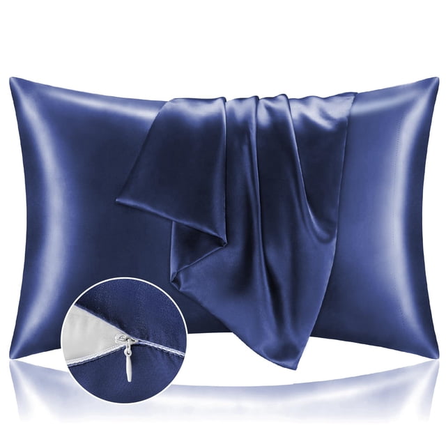 Satin Silk Pillowcases 2 Pack with Hidden Zipper, Navy Pillow Cases Queen Size Set of 2, Super Soft and Cooling Pillow Case with Envelope Closure (20x30 Inches)