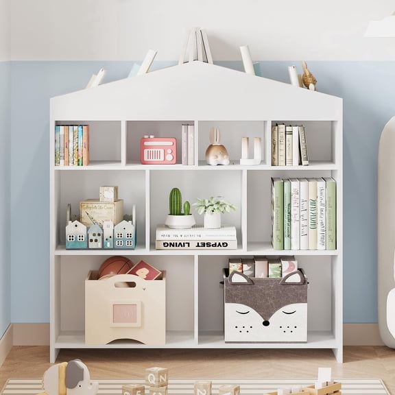 Goldensoil Kids 9-Cubby Bookshelf Toy Storage Organizer, White Wooden Bookcase for Playroom