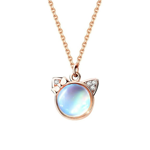 Bellitia Jewelry Rose Gold Plated 925 Sterling Silver Moonstone Pendant Necklace for Women, Cute Cat Motif Necklace with 45cm Collarbone Chain for Her, Delicate Gift for Valentine's Day