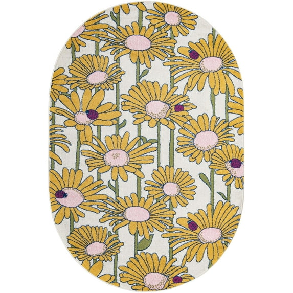 Rugs.com Bloom Collection Rug – 6' x 9' Oval White Medium-Pile Rug Perfect For Living Rooms, Large Dining Rooms, Open Floorplans