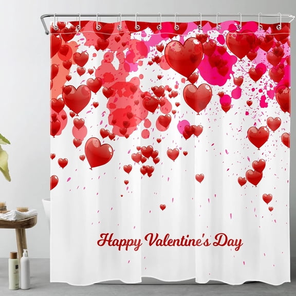 Valentine''s Day Shower Curtain Falling Red Heart Balloon Shower Curtain Set for Bathroom Romantic Valentines Red and White Waterproof Fabric Bath Curtain with 12pcs Hooks,72x72 Inch