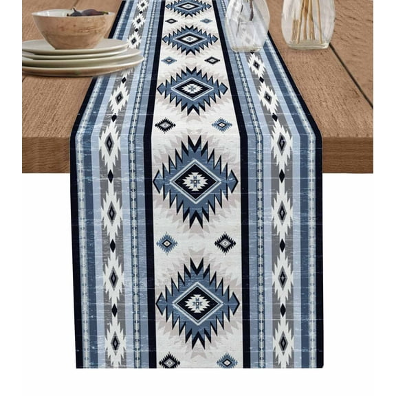 Aztec Southwest Table Runners 120 Inches Long, Cotton Linen Fabric Table Runner Dresser Scarf, Boho Ethnic Tribes Vintage Blue Tablerunner for Party/Kitchen/Dinner/Wedding Decor 13''x120''