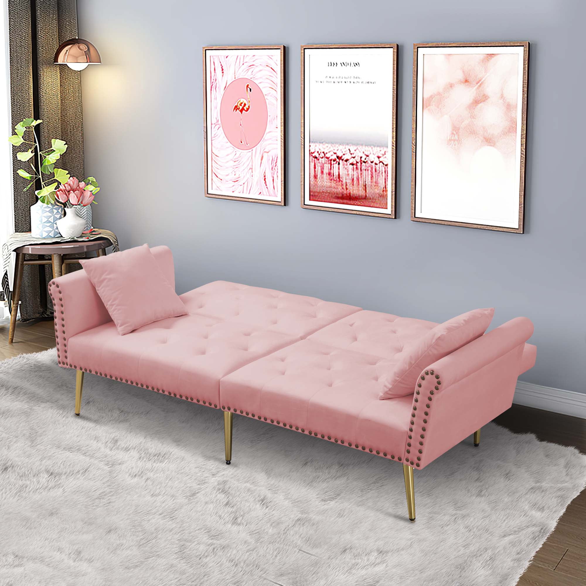 Aukfa Velvet Futon Convertible Sofa for Home Office, Nailhead Decor, 2 Pillows, Pink