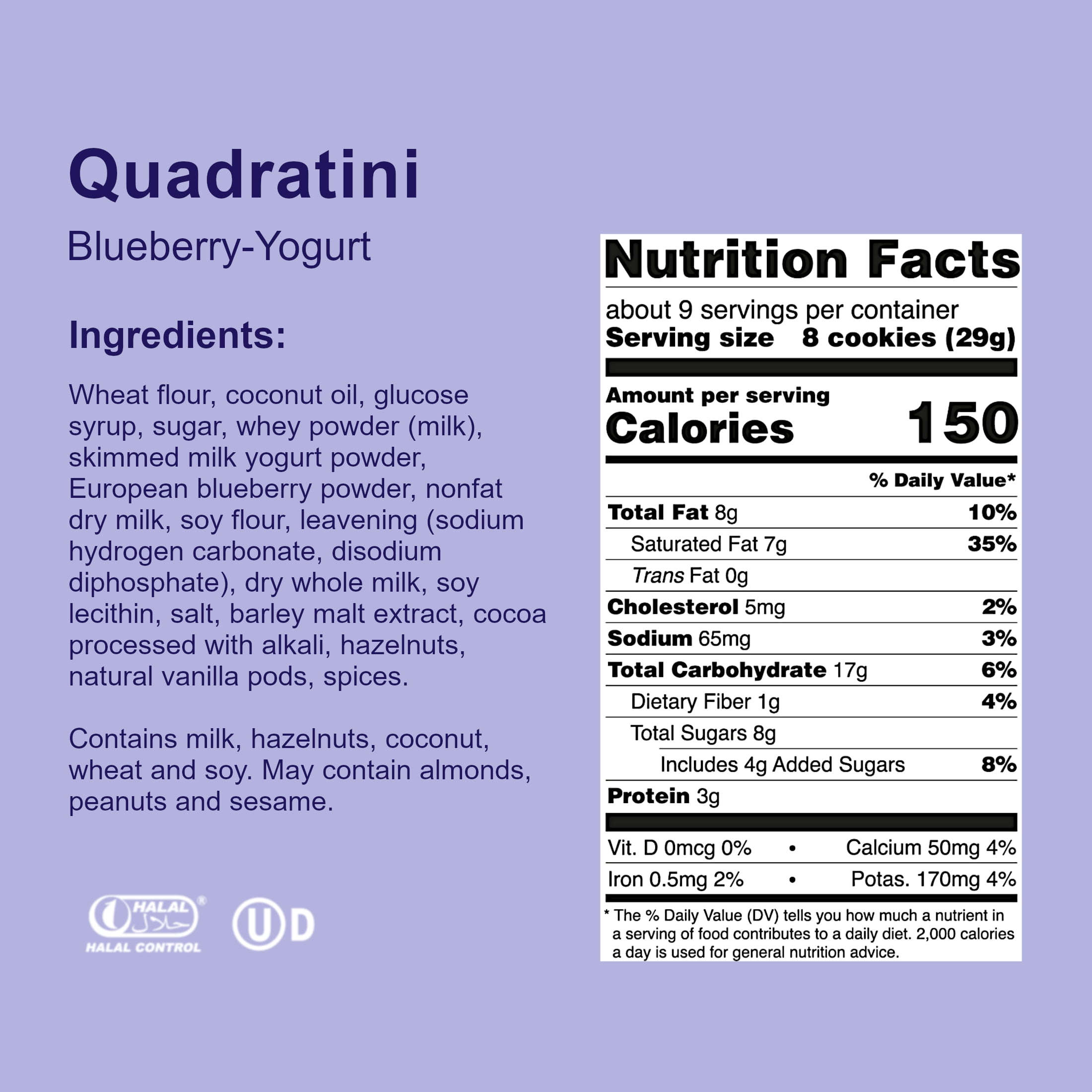Loacker Quadratini Blueberry-Yogurt, Cream-Filled Bite-Size Wafer Cookies, 7.76 oz, Pack of 6