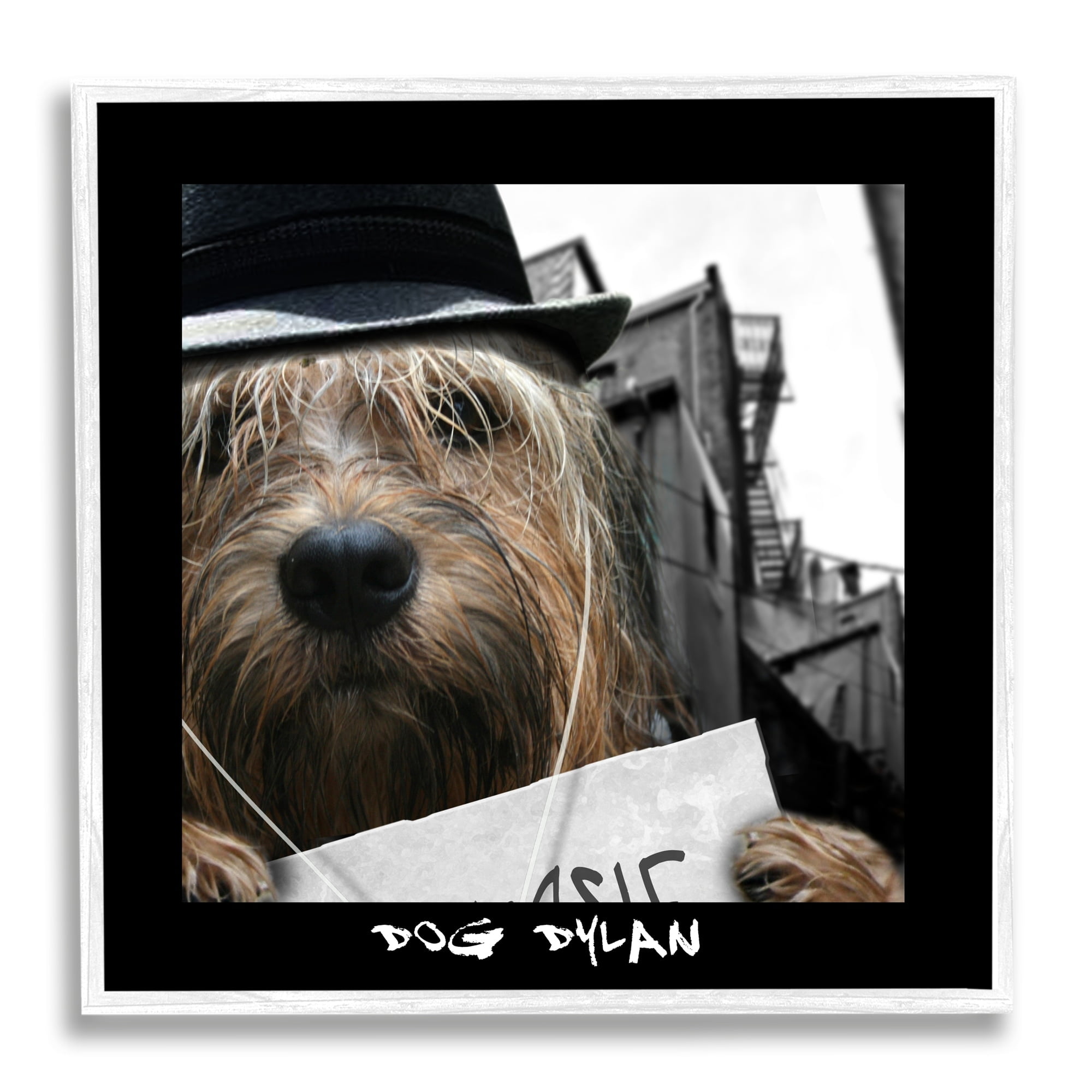 Stupell Industries Dog Dylan Funny Musician Wearing Hat Cityscape Photograph White Framed Art Print Wall Art, Design by Noah Bay