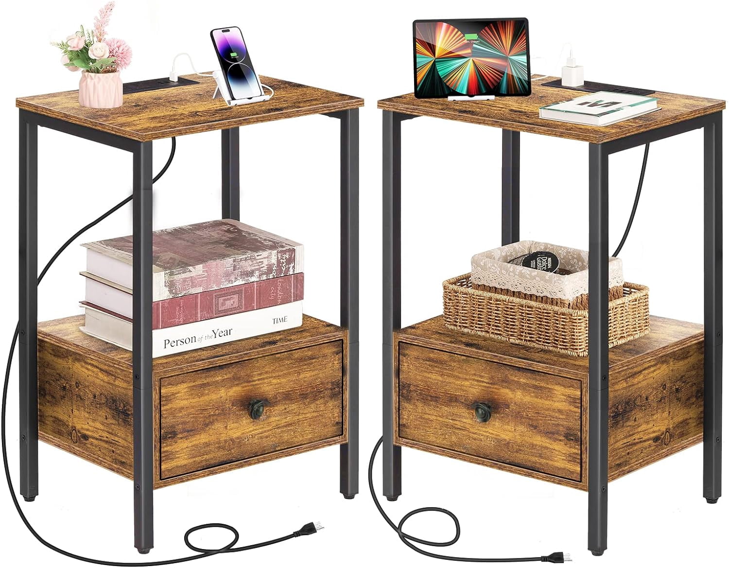Oumilen Adult Nightstand Bottom Wood Drawer with Chargers Brown, Set of 2