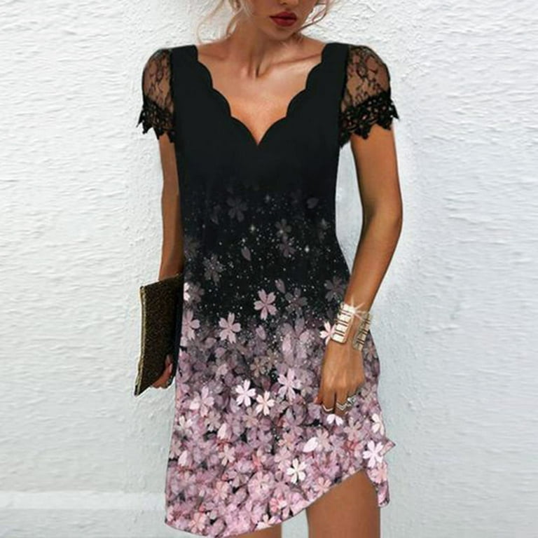 Lastesso Women Floral Printed Dress Lace Trim Mini Dress V Neck Short Ruffled Sleeve Dress Womens Summer Dresses for Island Vacation Petite