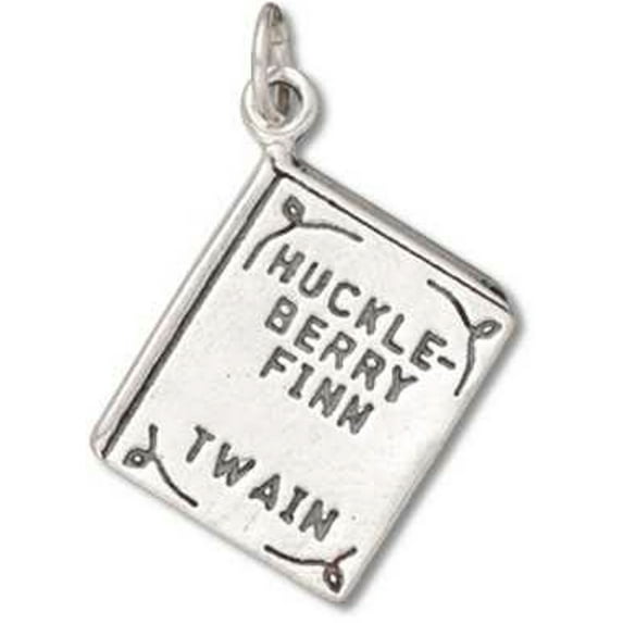 Sterling Silver 24" Unisex 1.5mm Box Chain 3D Two Sided Huckleberry Finn By Twain Book Pendant Necklace