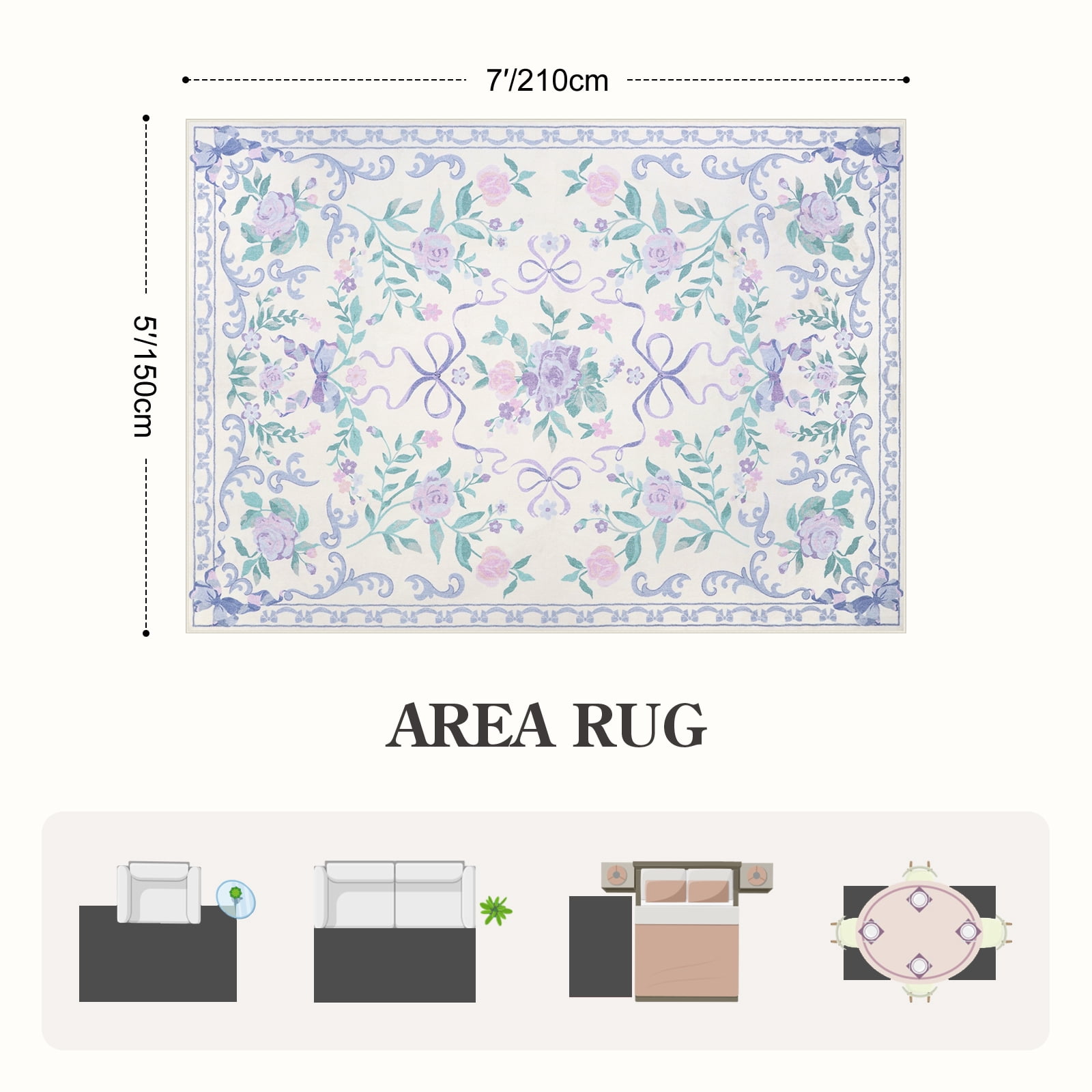 Lahome Washable 5'x7' Floral Bow Area Rug, Purple Rugs for Living Room, Soft Ultra-Thin Non-Slip Carpet for Girls Bedroom Nursery Dorm Kids Room Playroom, Purple