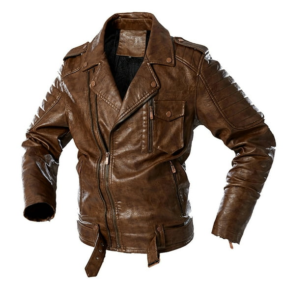 IYTR Men's Fashion Leather Jackets Long Sleeve Jacket Solid Color Zipper Turndown Collar Plus Size Loose Leather Jackets with Pocket Coffee XL
