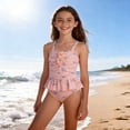 thumbnail image 2 of VNKIDY Girls One Piece Swimsuit Kids Floral Print Ruffled Hem Adjustable Spaghetti Straps Onesie Bathing Suit With 3D Flower Decor For Beach Pool Wear Leisure Swimwear Light Pink 11-12 Years, 2 of 9