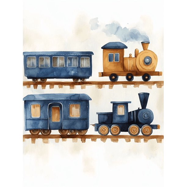 Qisvanset 12x16 Inch Blue Vehicle Canvas Wall Art, Plane Train Boat Boy Kids Nursery Room Decor