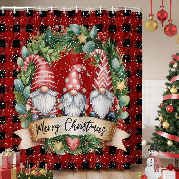 Red Black Christmas Shower Curtain, Xmas Winter Gnomes Buffalo Plaid Waterproof Fabric Shower Curtains with 12 Hooks, Bathroom Curtain Set for Bathroom Accessories Decor, 72 x 84 Inches