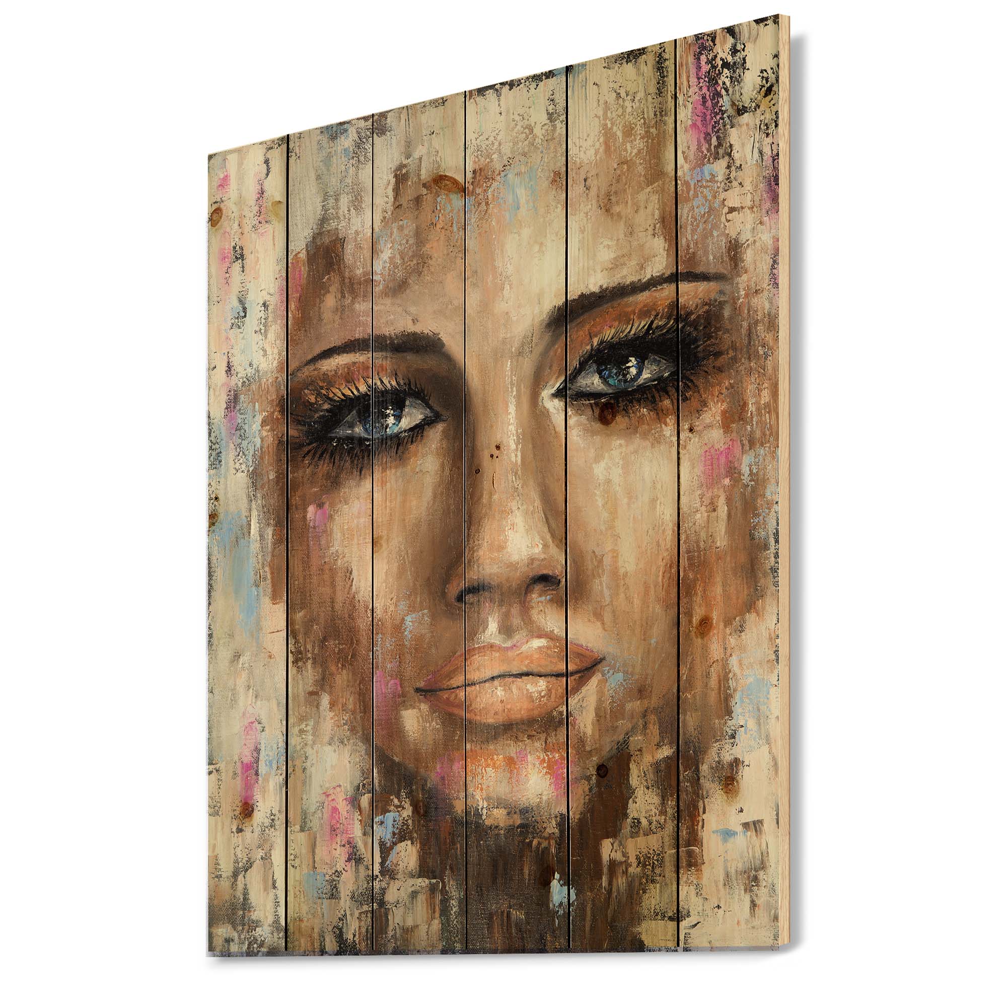Designart 'Abstract Portrait Of A Young Woman With Blue Eyes I' Modern Print on Natural Pine Wood