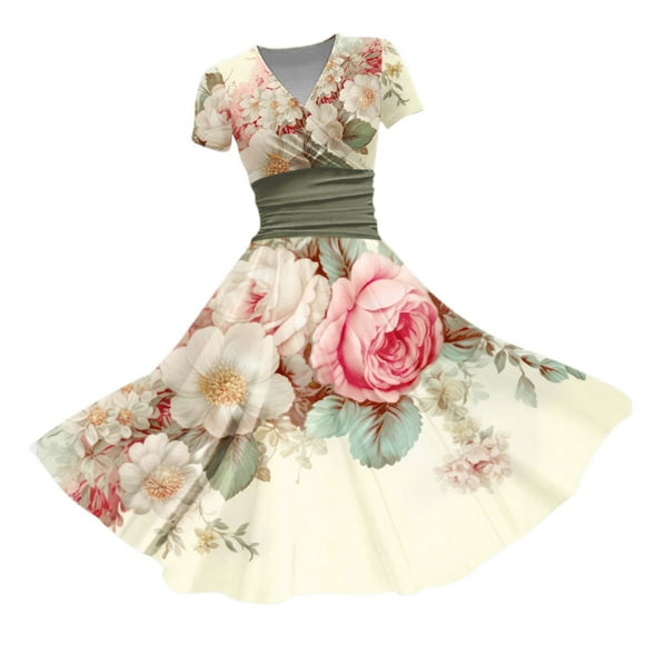 TJAZFJPA Church Dresses for Women Women Fashion Vintage Floral Print V Neck Short Sleeve Long Dress Elegant Temperament Long Dress Silk Dress Sparkly Dresses for Women