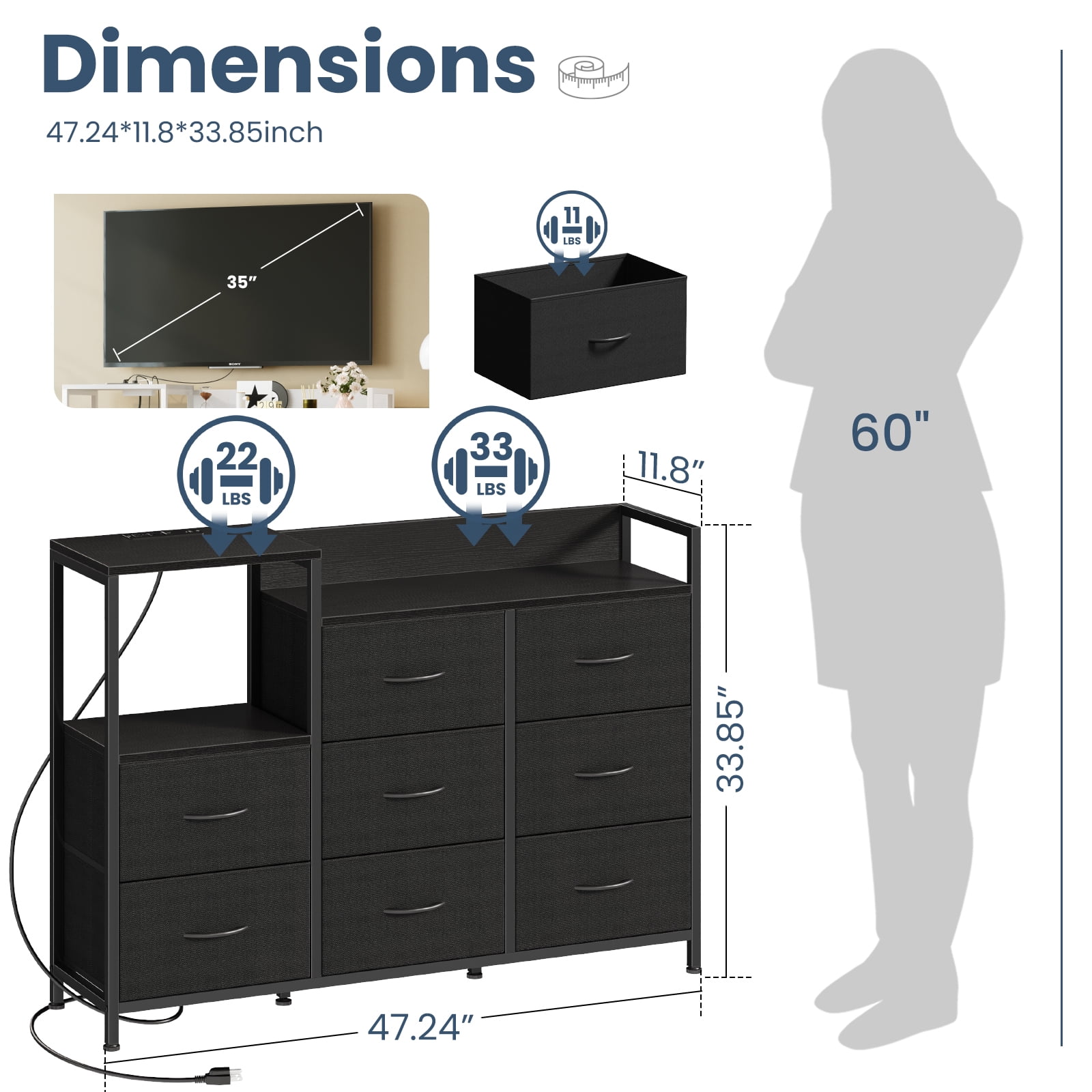 EDX 8 Drawer Dresser TV Stand, with Power Outlets and Open Shelves, for Bedroom and Living Room, Black