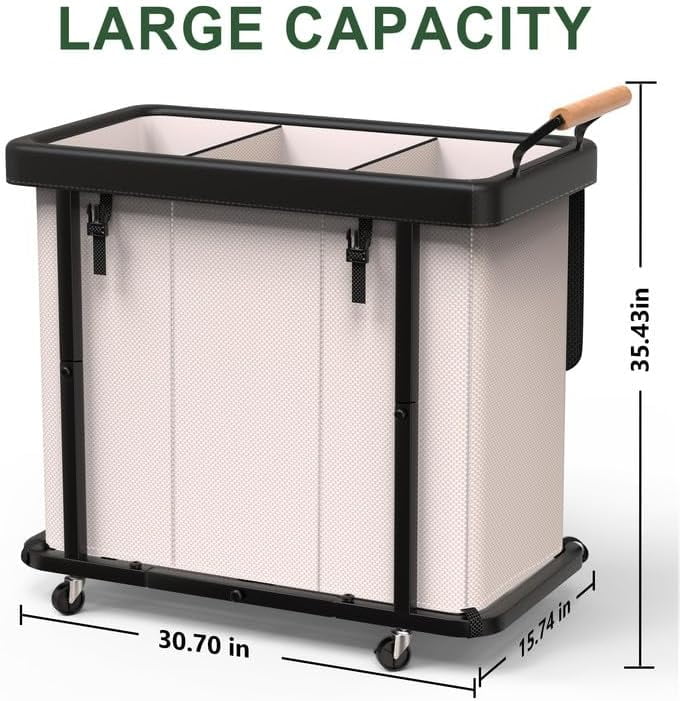 190L (50 Gal) Extra Large Fashion Laundry Hamper 2 Section with Lid, Rolling Laundry Basket Hamper with Handle, Laundry Organizer Storage Cart with Sturdy Metal Frame for Laundry Room, Hotel,White