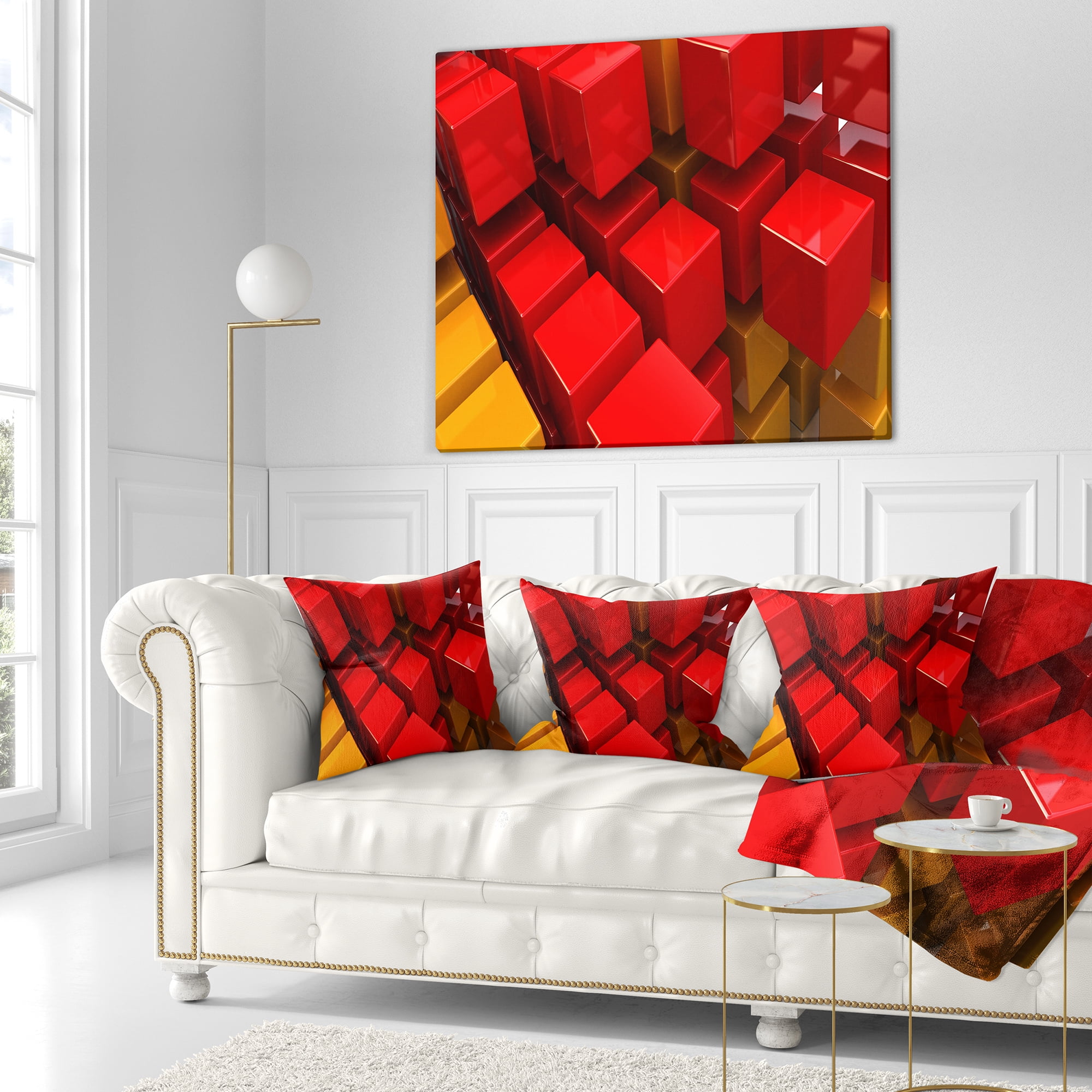 Designart Fractal 3D Red N Yellow Cubes - Contemporary Throw Pillow - 16x16