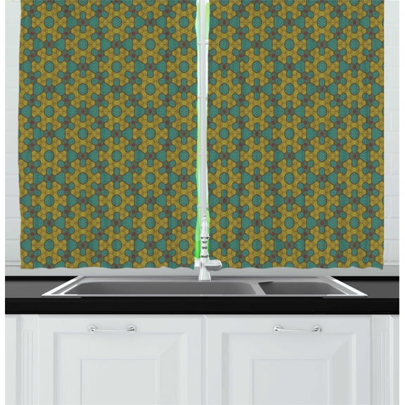 Abstract Kitchen Curtains, Geometric Zen with Hexagonal Circular Shaped Stripes Yoga, Two Panels Drapes with Rod Pocket Room Decor, 55" X 45", Yellow Green and Dark Seafoam, by Ambesonne