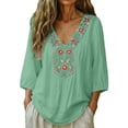 thumbnail image 2 of Boho Embroidered Tunic Tops for Women - Floral V-Neck Peasant Blouse, Loose Fit 3/4 Sleeve Casual Summer Shirt Light Green M, 2 of 8