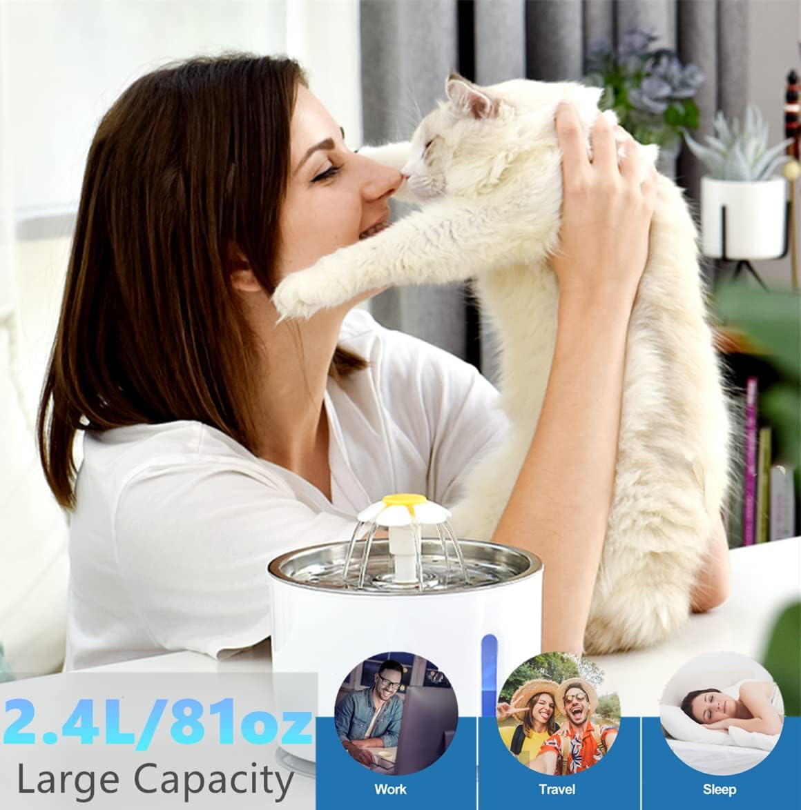 Pet Fountain, Stainless Steel 81oz/2.4L Automatic Cat Water Fountain Dog Water Dispenser with Filters, Silicone Mat, Bowls, Pet Bell