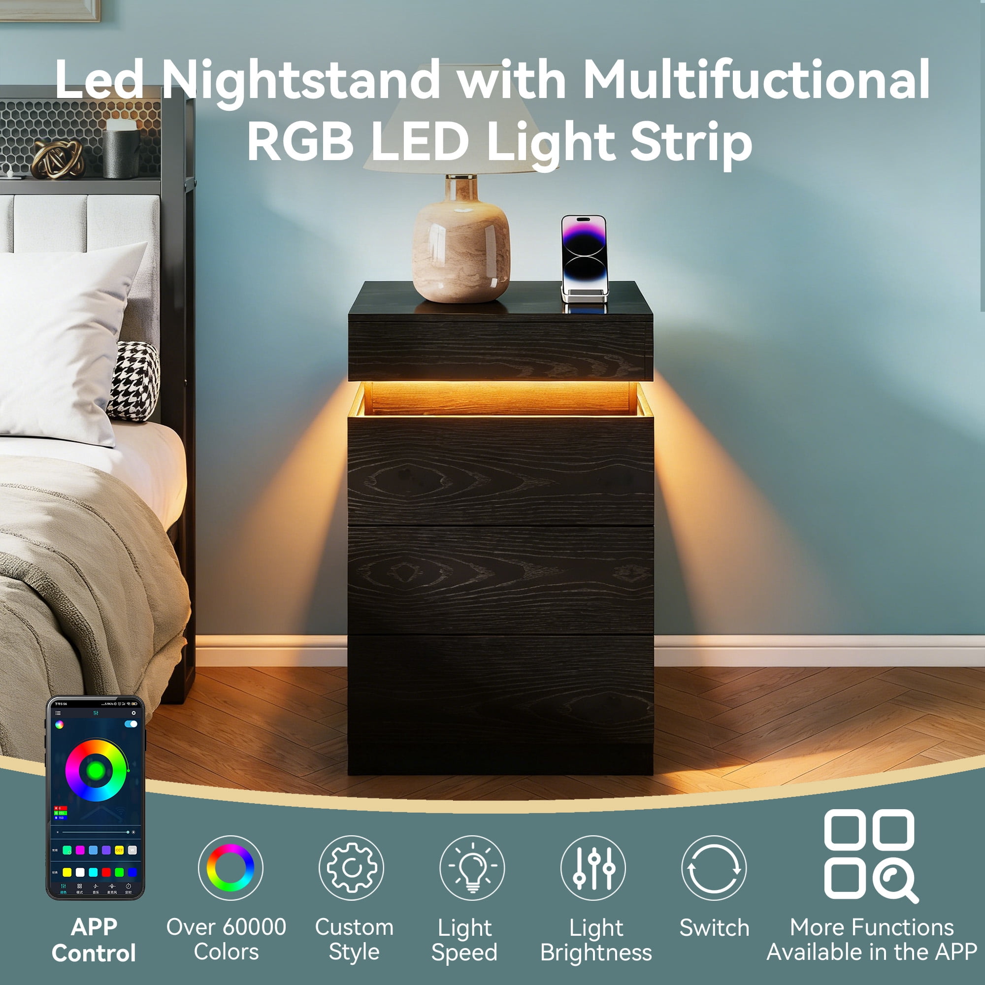 Leumius 3 Drawer Small Nightstand with Charging Station,LED and Open Shelf,Modern Bedside Table,Wooden End Table for Bedroom,Black