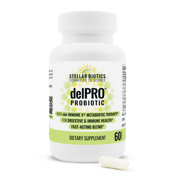 Stellar Biotics - delPRO™ PROBIOTIC (Enhanced with del-IMMUNE V®) - Powerful Probiotic & Prebiotic Blend - Promotes Optimal Gut Health & Digestion - Balances Immune System & Mood (60 Capsules)