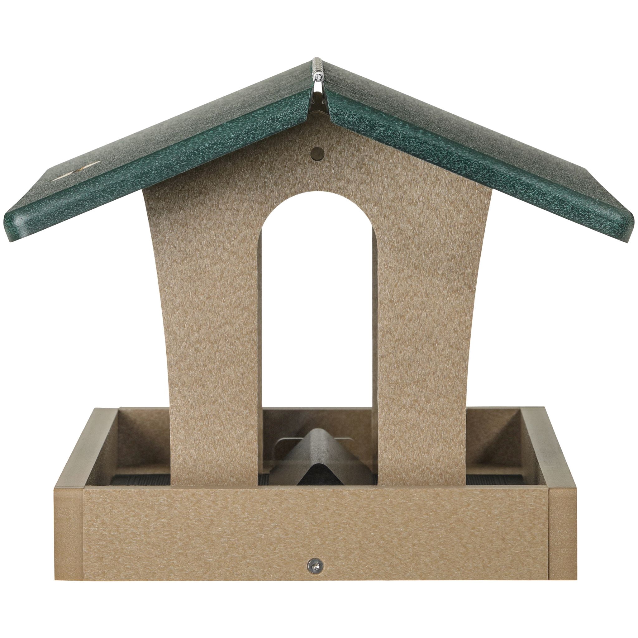 Birds Choice 9" Medium Recycled Plastic Mounted Hopper 4-Sided Bird Feeder, Tan/Green